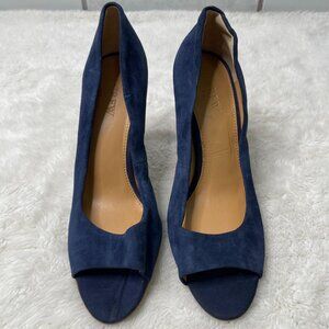 J. Crew Women's Blue Suede Leather Open Toe High Heels Slip On Shoes Size 8